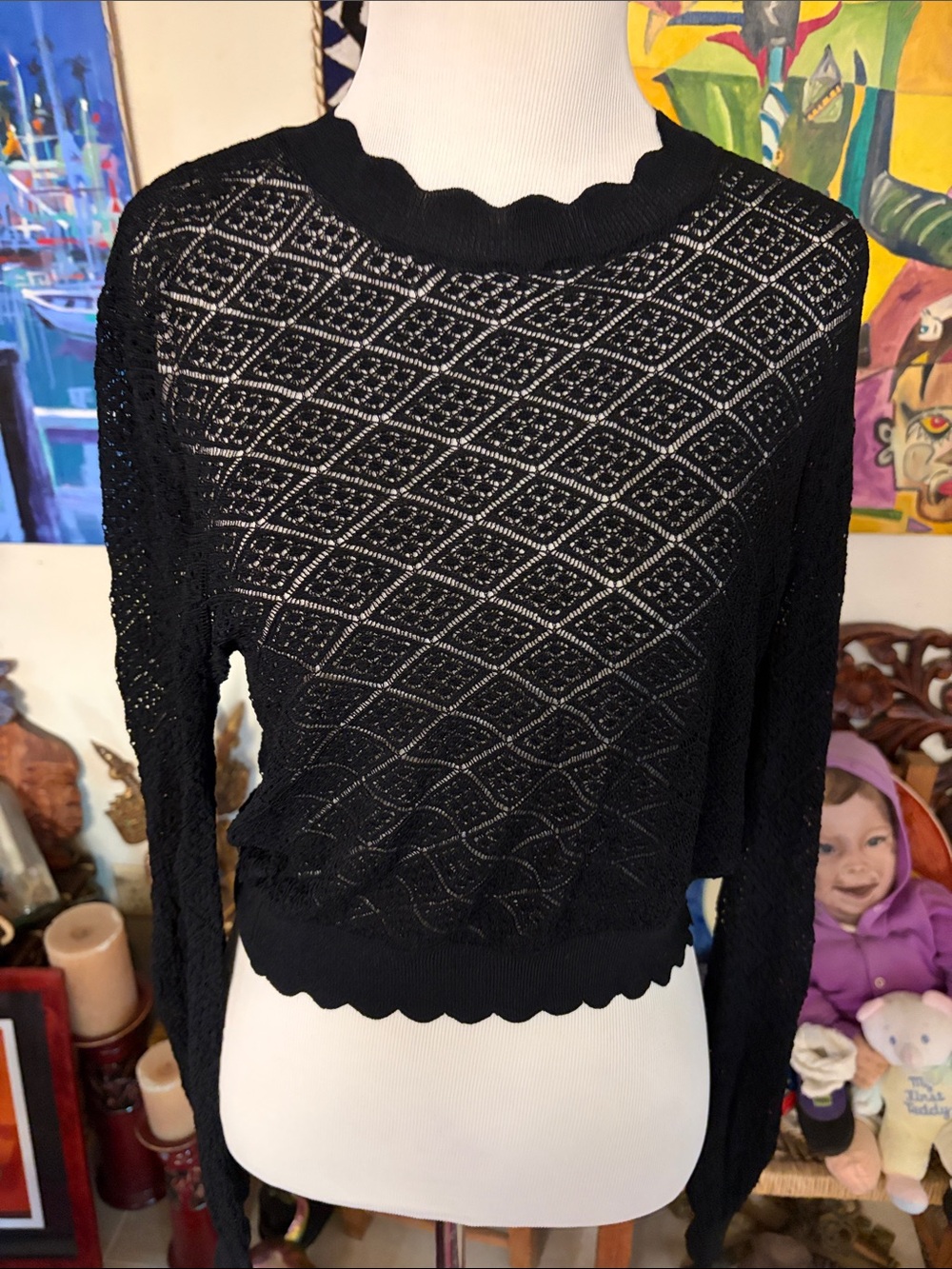 Zara Black  Lace Knit Long-Sleeve Top - Ladies